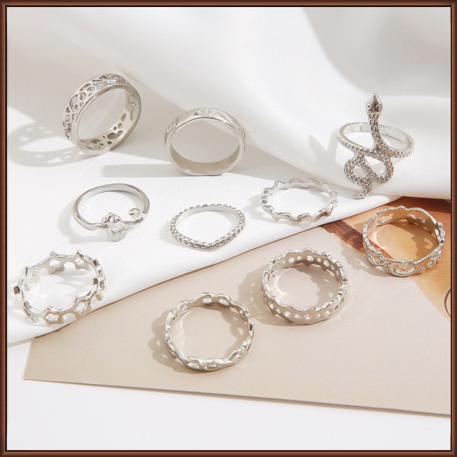 Set 10 Nhẫn Đeo Khớp Ngón Tay Họa Tiết Hình Học / Hình Rắn / Hoa Phong Cách Retro Cho Nam Và Nữ