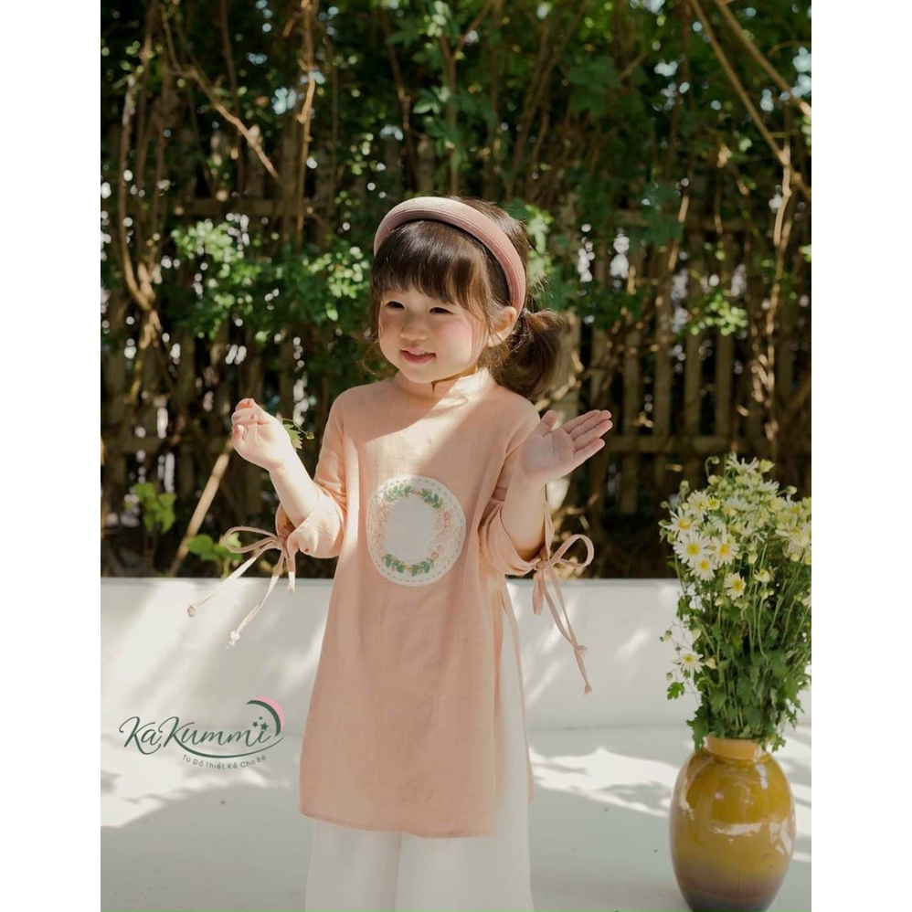 Áo dài cách tân bé gái thêu hoa dễ thương chất linen cao cấp - L03