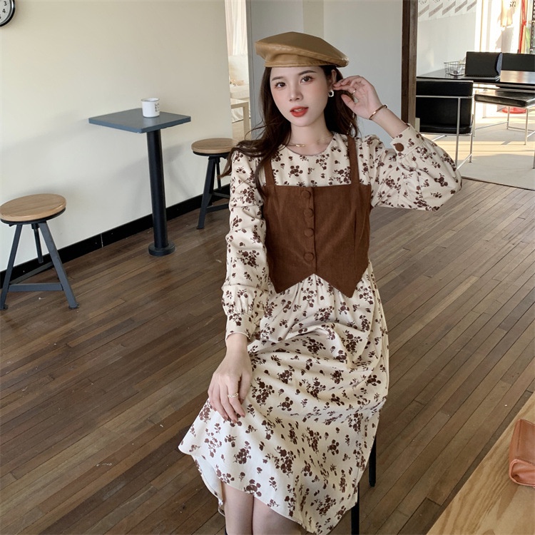 IELGY   Đầm Dài Cổ Tròn In Họa Tiết Hoa Phong Cách Hàn Quốc Cho Nữ