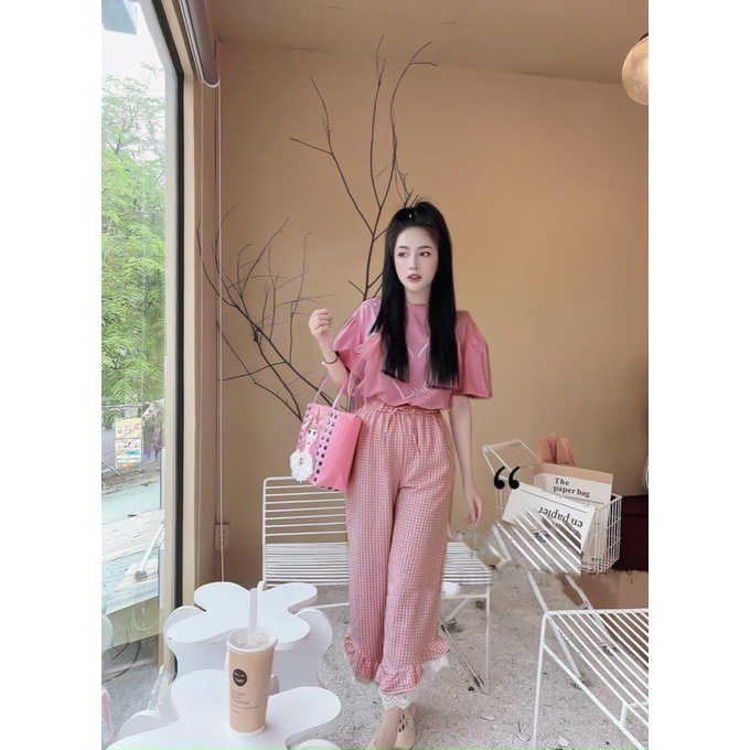 SBKN064: Sét Bộ Áo Nơ Quần Caro Phối Ren, Sét Bộ Đi Chơi Bigsize Quỳnh Anh Từ 50kg Đến 100kg (M/L/XL/XXL)