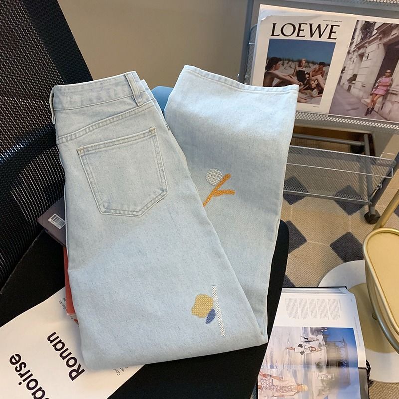 Quần Jean Dài Lưng Cao Ống Suông Thêu Hoa Thời Trang 2022 Cho Nữ