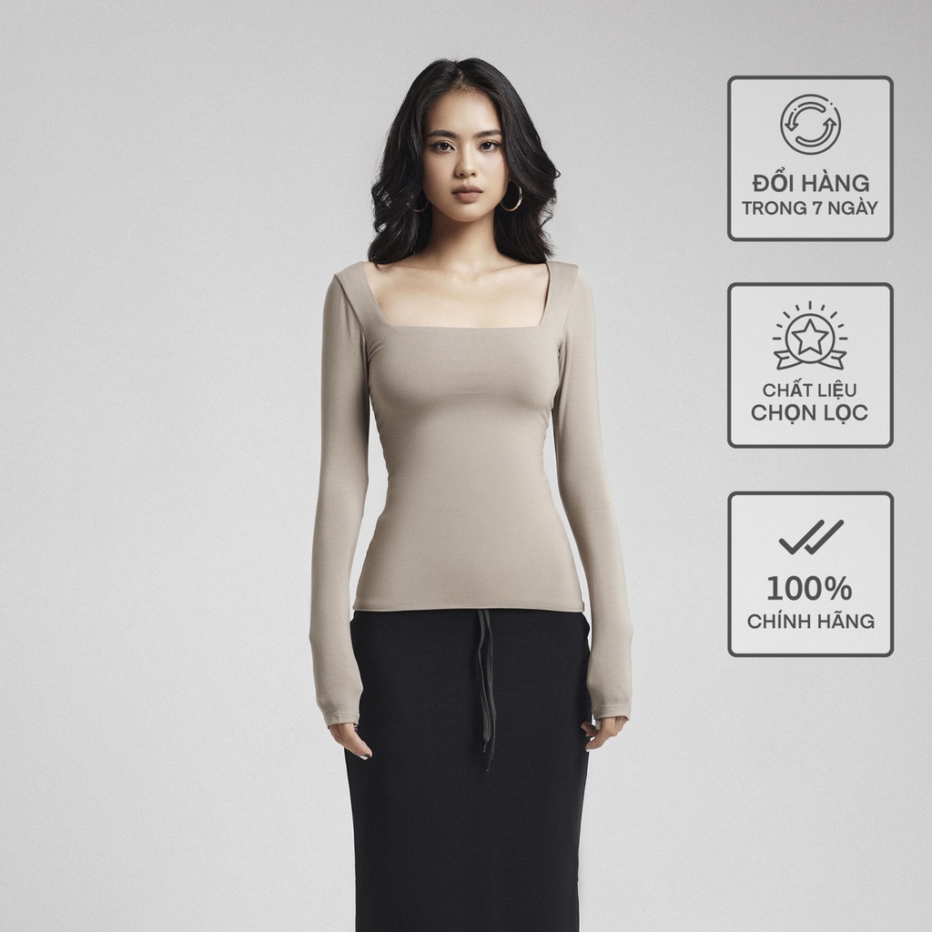 Áo Dài Tay Cổ Vuông Rayon Dáng Thường Nữ BUSY 2 Lớp Co Giãn Ôm Sát DT11T