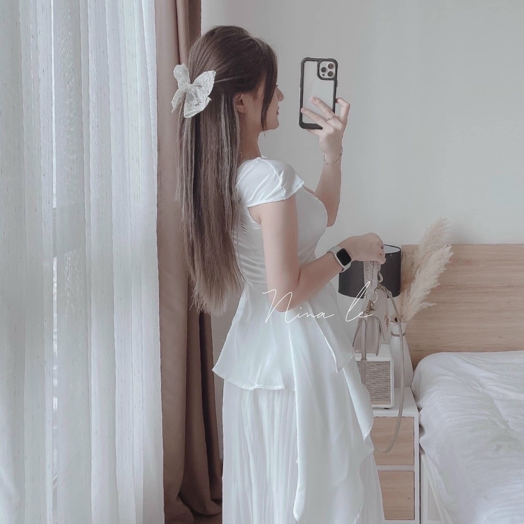 Sét Đồ Bộ Nữ Áo Bèo Vải Đũi Lụa  Kèm Chân Váy Voan Dập Ly  Thời Trang Kiểu Cách Đi Chơi