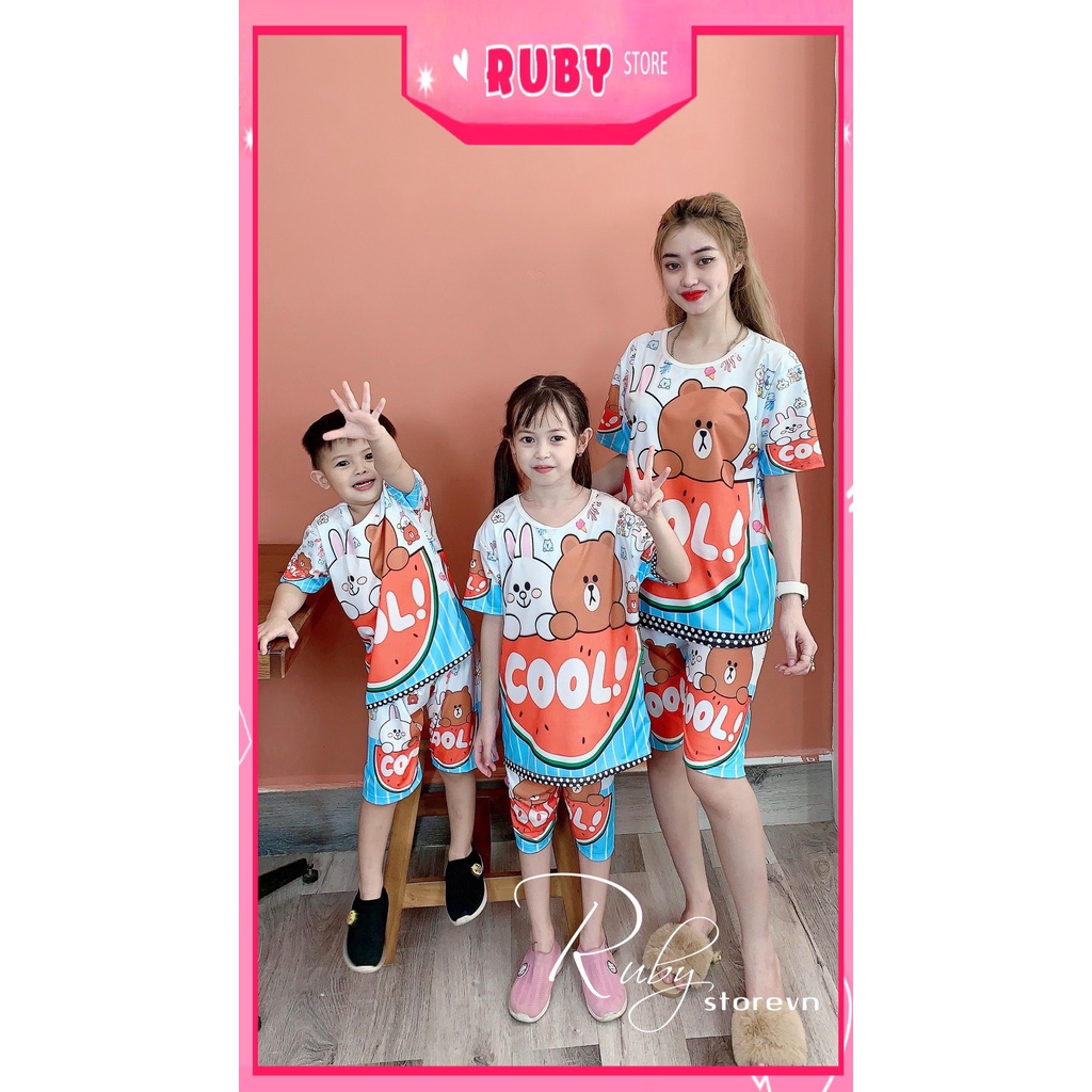 Đồ bộ thun in 3D mẹ và bé size đến 70kg chất thun mềm mát in hình gấu hoạt hình chibi dễ thương DBRBL FULL SIZE