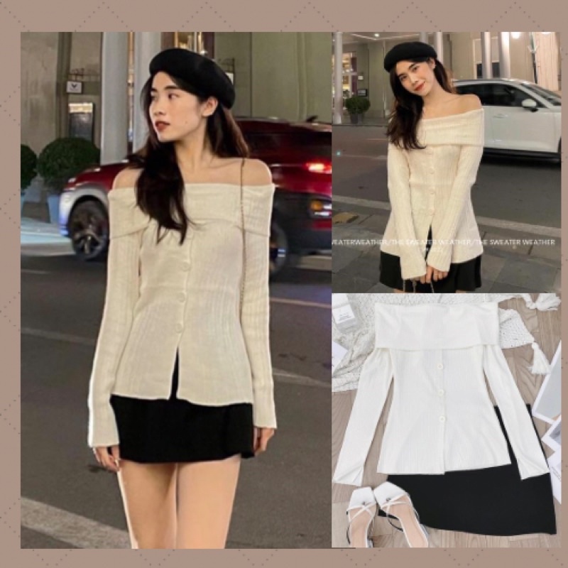 Set Áo Len Tăm Trễ Vai Cài Cúc Phối Chân Váy Đen