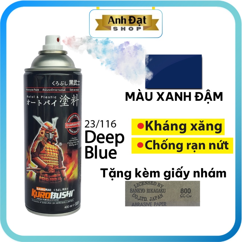 Sơn xịt samurai màu xanh dương đậm 116, dung tích 400ml, có khả năng kháng xăng (A92, A95), chống rạn nứt, bình xịt