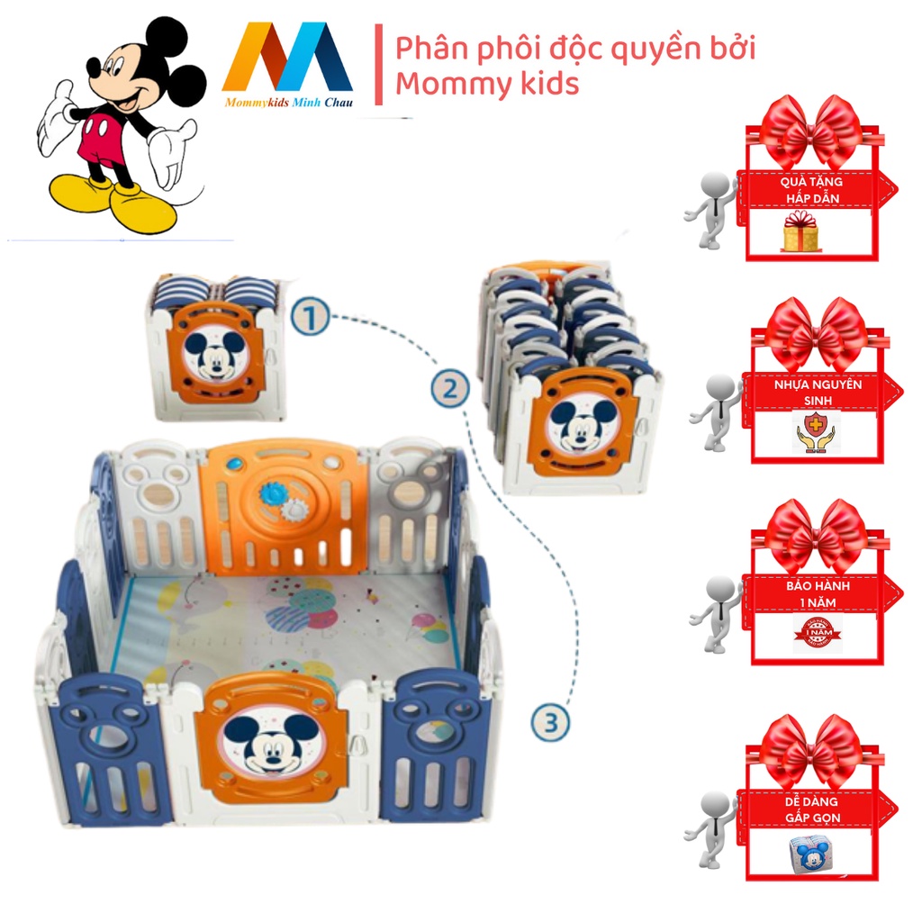 Quây cũi nhựa MOMMYKIDS MINHCHAU mẫu MICKEY 1 Gấp gọn tặng thảm, 100 quả bóng nhựa 5cm or 50 quả 7cm, bảo hành 1 năm