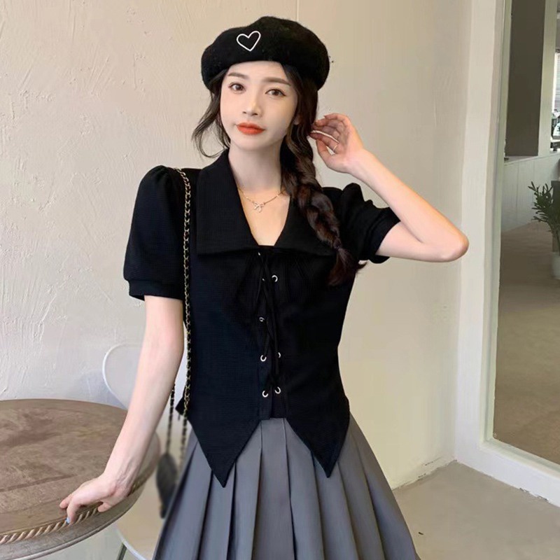 Áo Sơ Mi Tay Ngắn Phồng Phối Cà Vạt Phong Cách Retro Dành Cho Nữ