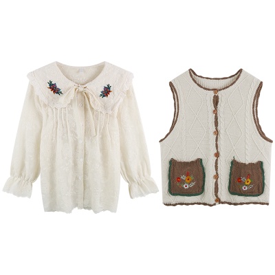 Áo khoác gile len nữ kiểu thêu hoa vintage, gile len nữ phối sơ mi form rộng cổ thêu 2700