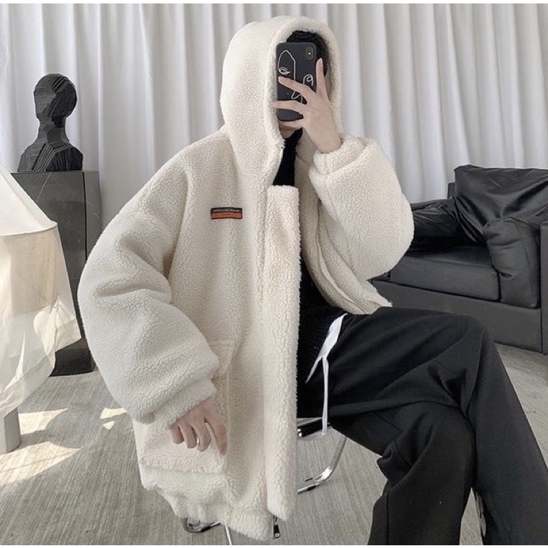 Áo Khoác Lông Cừu Có Mũ Dày Dặn Unisex Thời Trang Nam Hàn Quốc, Áo Lông Túi Hộp, Dáng Basic Unisex, Thể Thao