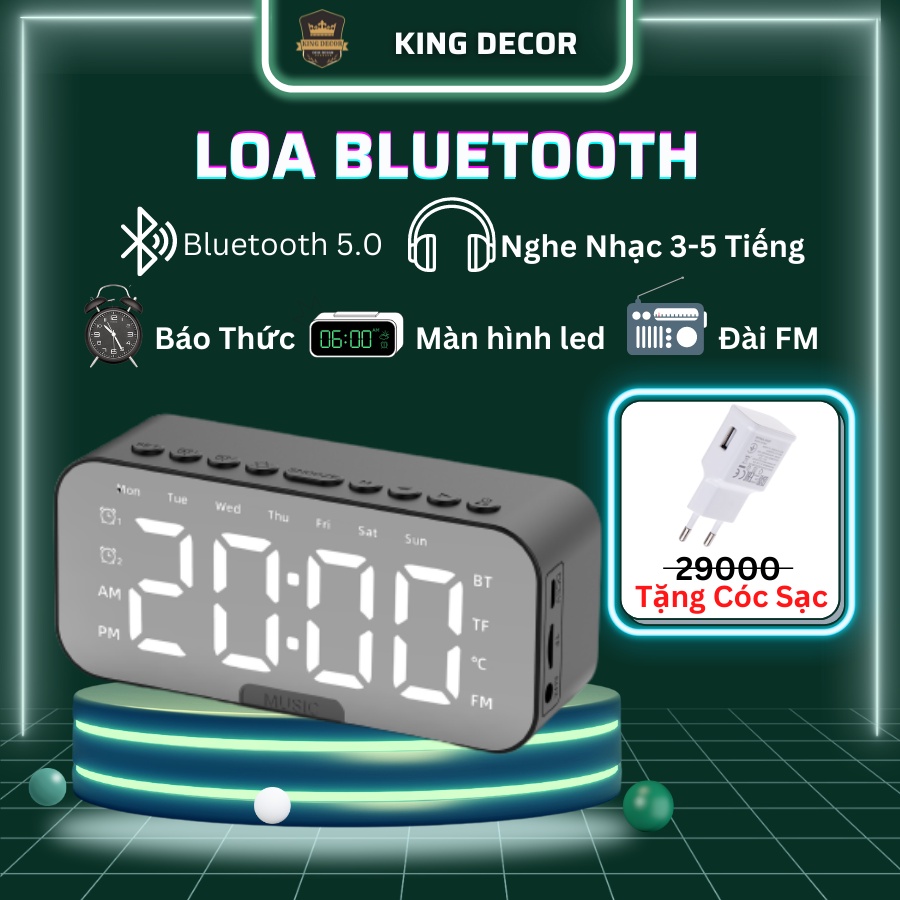 Đồng hồ led để bàn, đồng báo thức kết nối bluetooth, loa mini King Decor nghe đài FM, thích hợp trang trí bàn làm việc