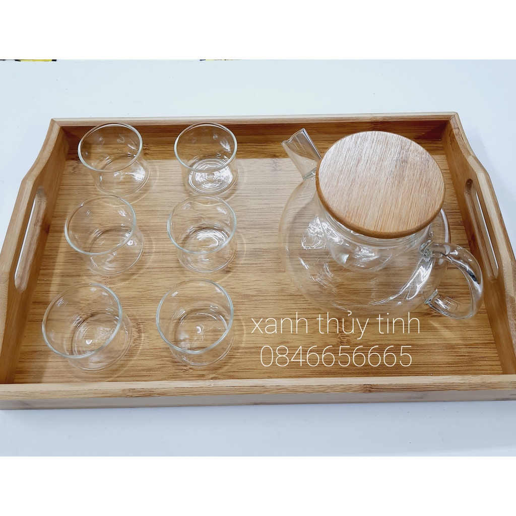 Bộ ấm trà thủy tinh chịu nhiệt cao, ấm nắp gỗ lõi lọc dung tích ấm 600ml-AT16