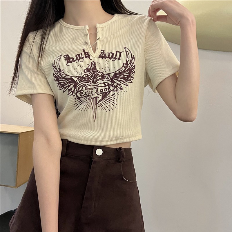 IELGY      Áo Thun Ngắn Cổ Chữ v Dáng Ôm In Họa Tiết Thời Trang Cho Nữ