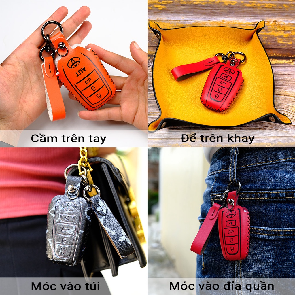 Bao da bọc chìa khóa smartkey ô tô Toyota Camry Fortuner Innova Hilux Land Cruiser mẫu mới khâu tay móc đen TFO