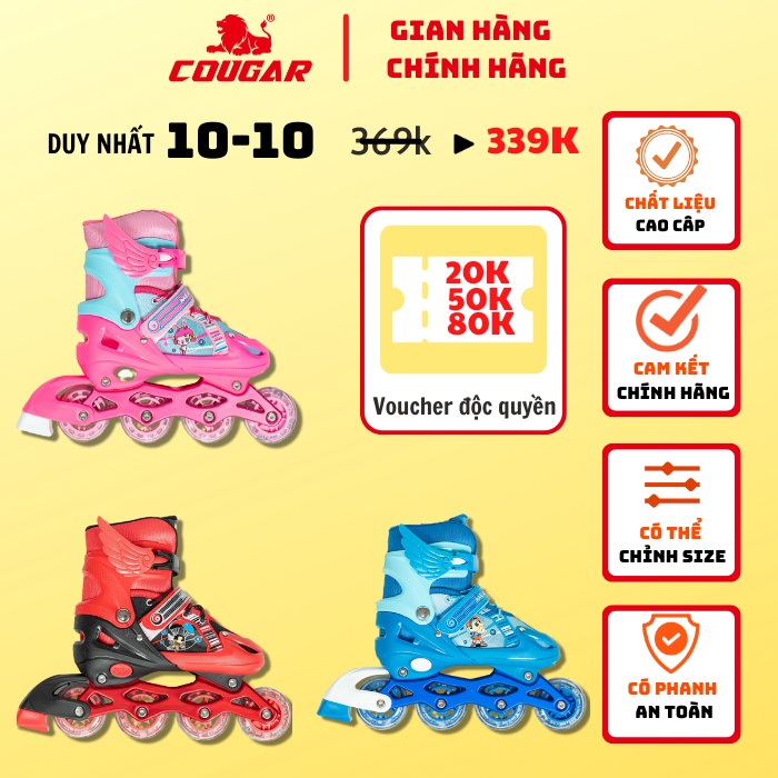 Giày Trượt Patin Trẻ Em Cougar Measin Chính Hãng, Có Bánh Đèn Phát Sáng, Có Chỉnh Size
