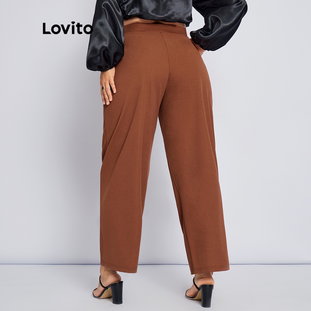 Quần Lovito plus size kết cấu khóa kéo có nút màu trơn phong cách thường ngày cho nữ LPS04057 (màu nâu)
