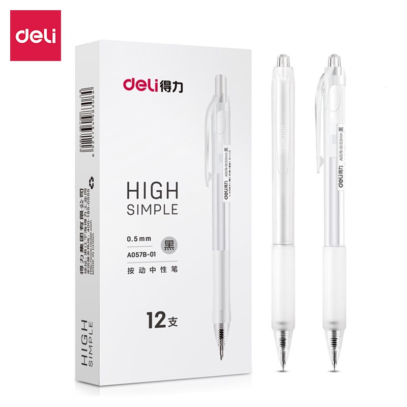 Bút gel nước mực đen Deli A057B thiết kế vỏ trong suốt 057 - Bút bấm Deli A057 ngòi 0.5mm có ruột S206 thay - SL1
