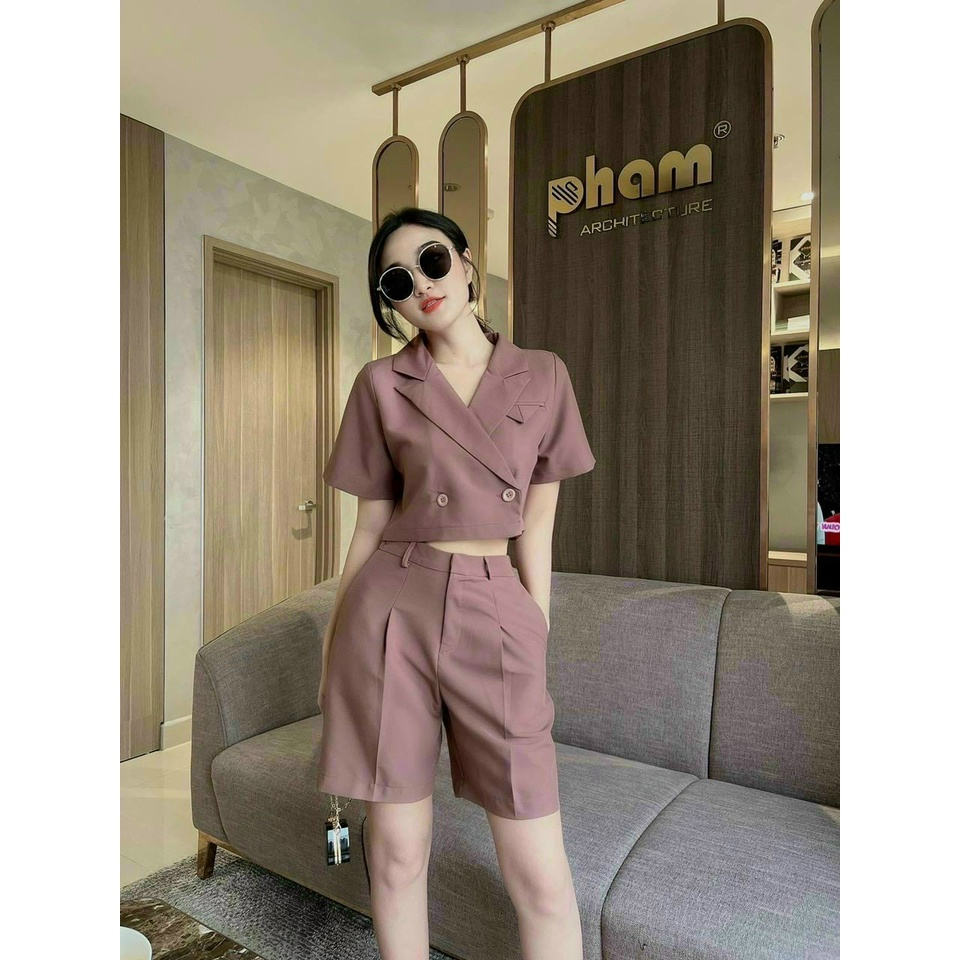 (Sale FreeShip) Sét đồ nữ,sét ngố cổ vest from croptop mix quần có túi,chất tuyết mưa cao cấp chuẩn shop,nhiu màu hottre