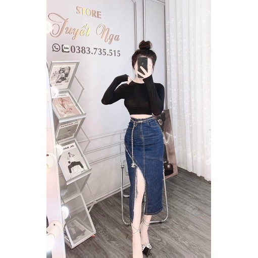 Chân váy jean  dáng dài co giãn tốt, lưng  siêu cao