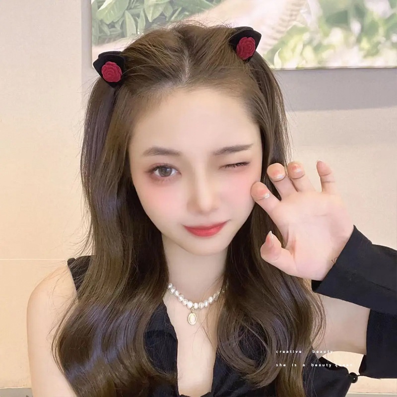 Set 2 Kẹp Tóc Hình Tai Mèo Đính Hoa Hồng Phong Cách Retro