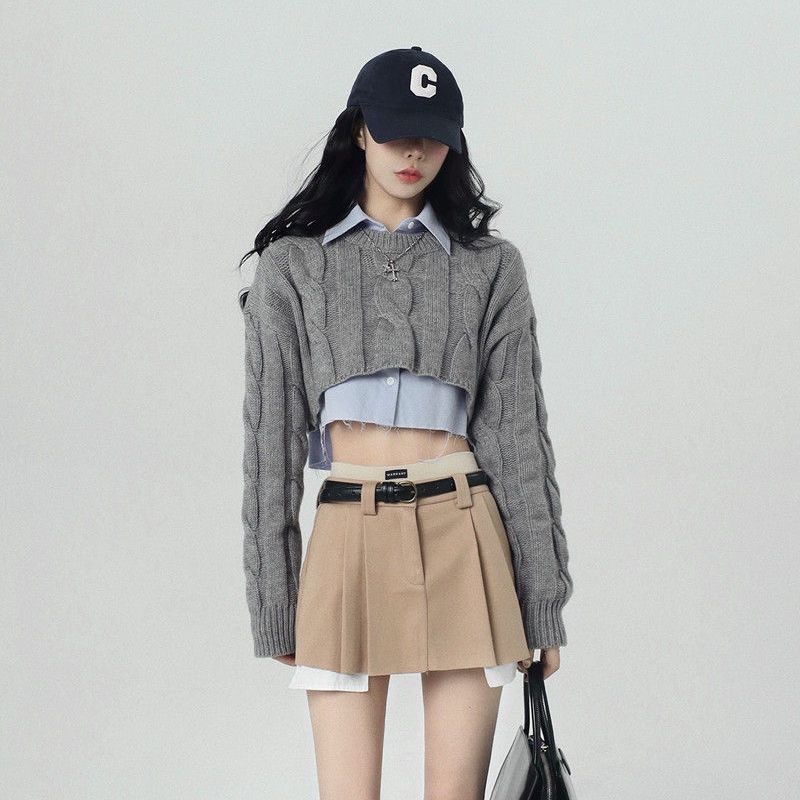 Áo len croptop xám freesize phong cách Hàn Quốc