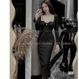 Đầm body đen cúp ngực phối dây xích tay dài siêu sang chảnh!