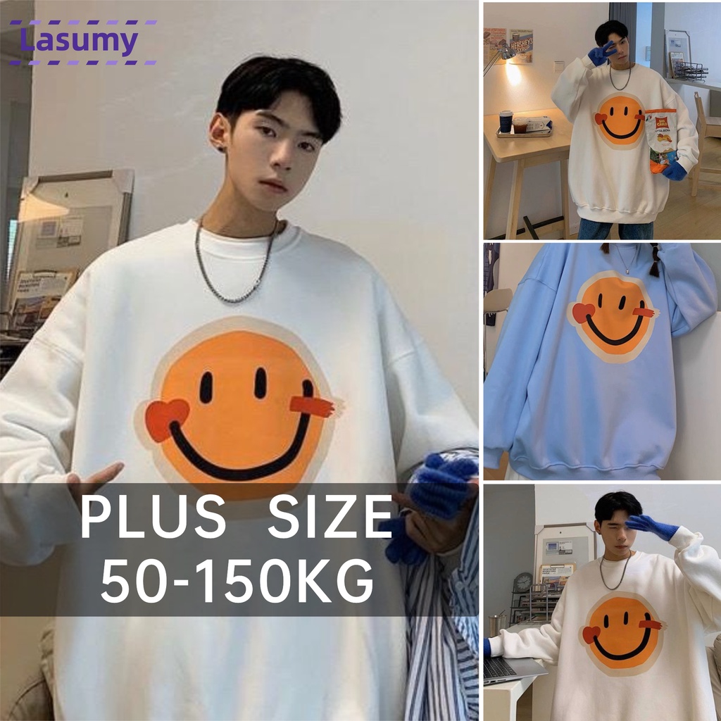 < Plus Size > Áo Sweatshirt Lót Lông Cừu Họa Tiết Mặt Cười Thời Trang Thu Đông Dành Cho Cặp Đôi