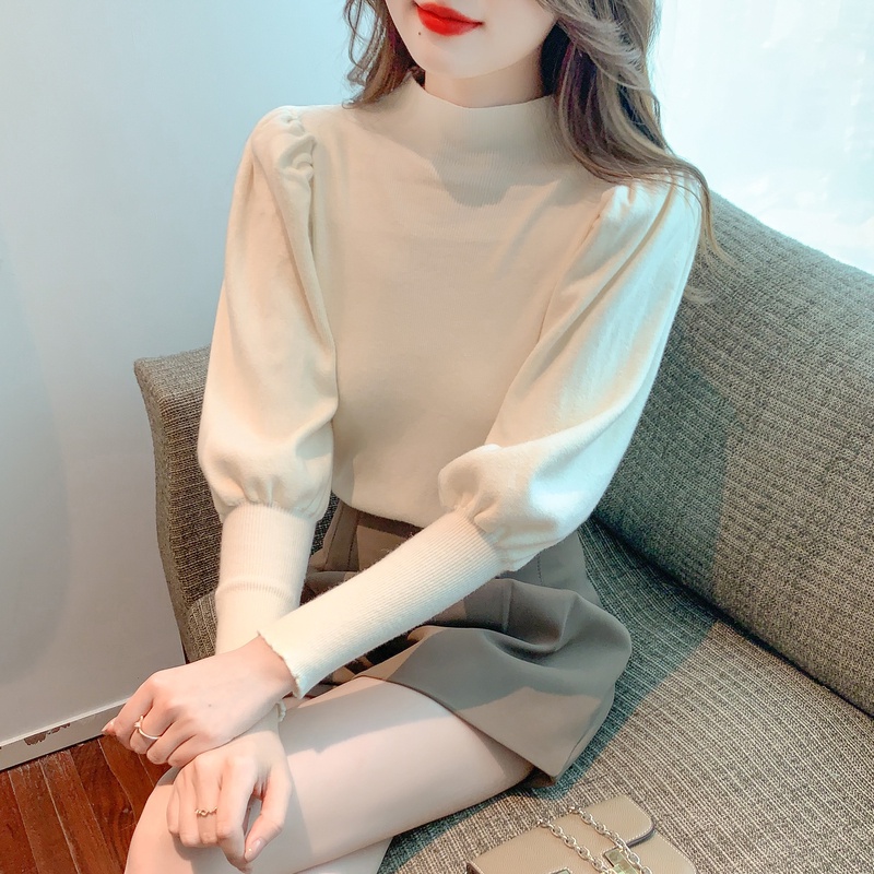 Áo Sweater Dệt Kim Cổ Lọ Tay Phồng Mẫu Mới 2022 Thời Trang Thu Đông Cho Nữ 1026