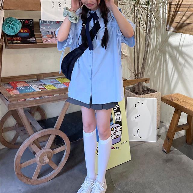 Áo Sơ Mi Tay Ngắn Màu Xanh Dương Phong Cách Preppy Thời Trang Mùa Hè Mới Cho Nữ