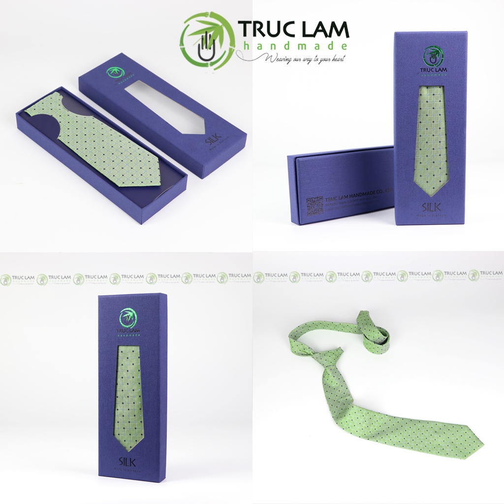 Cà Vạt Lụa 8cm Cho Nam Cao Cấp Họa Tiết Sang Trọng Xanh Chấm Vuông MS15 - Trúc Lâm Handmade