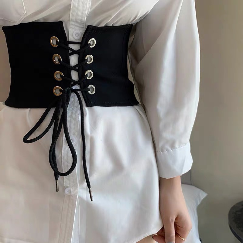 Thắt lưng bản to kiểu corset ĐV034 màu đen đan dây thu nhỏ eo- đai váy áo sơ mi làm thon eo cá tính.