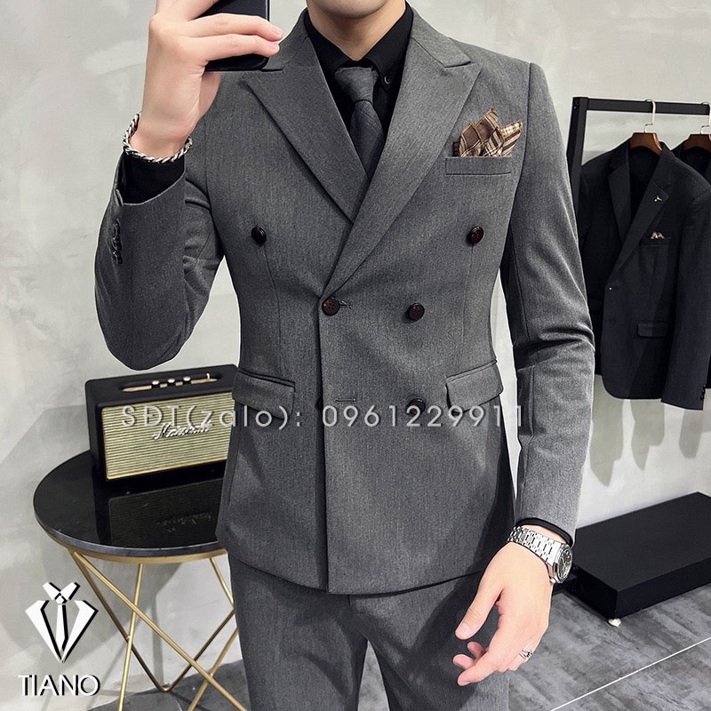 Bộ vest nam 6 khuy Hàn Quốc màu xám đậm cực sang trọng, Vest nam, Suit Nam Cao Cấp - TIANO