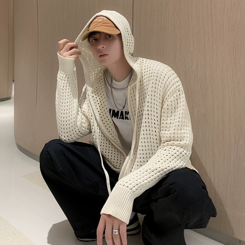 > Áo Khoác Len Cardigan Dáng Rộng Có Khóa Kéo Họa Tiết Khoét Lỗ Thời Trang Hàn Quốc Cổ Điển Mới Cho N
