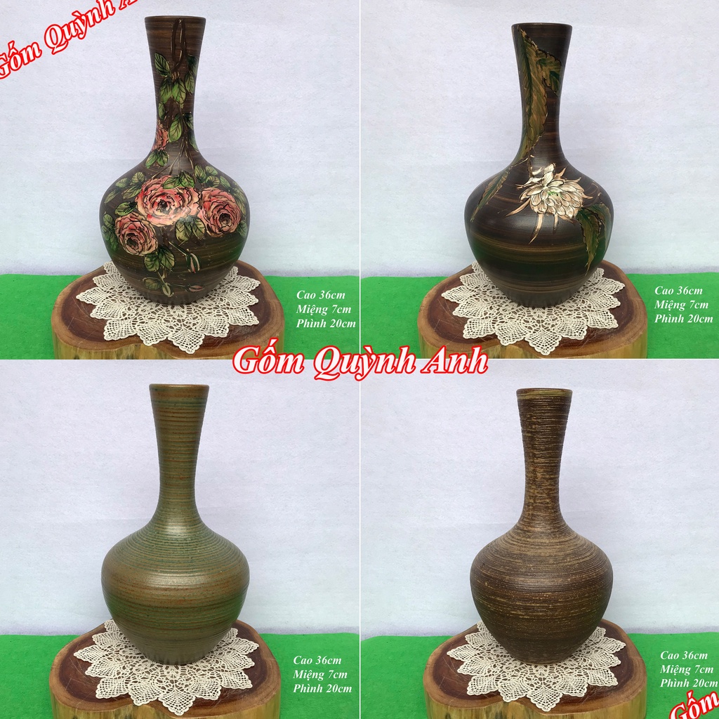 Bình hoa lọ hoa để bàn Bát Tràng men mộc dáng củ tỏi cổ nhỏ, Bình gốm lọ gốm trang trí nhà cửa QA