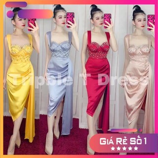 Đầm body dự tiệc cúp bra kết cườm nhún bèo eo siêu xinh - Free size dưới 56kg