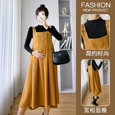 Set Áo Thun + Đầm Yếm Thời Trang Thu Đông 2022 Cho Phụ Nữ Mang Thai#Váy Dài Bà Bầu