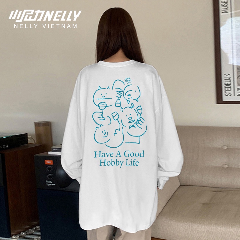 Áo thun dài tay NELLY cotton 100% dáng unisex form rộng in hình Good hobby life