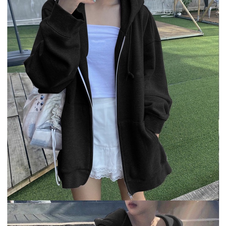 Áo Hoodie Nữ Tay Dài Dáng Rộng Màu Sắc Đơn Giản Phong Cách Hàn Quốc