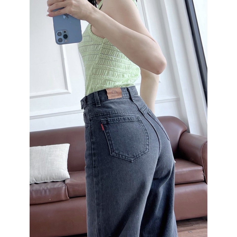 Quần Jeans ống rộng lưng cao Ulzzang hàng cao cấp, Quần Simple Jeans ống rộng cạp cao rách gối