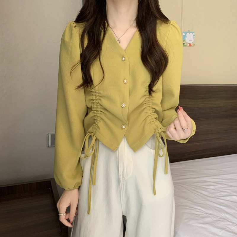 IELGY Áo Sơ Mi Dài Tay Cổ Chữ v Phối Dây Rút Phong Cách Pháp Thời Trang Dành Cho Nữ