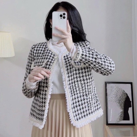Áo dạ tweed nữ 2 lớp phối viền ngọc phối ren kiểu áo thu đông nữ dài tay hàn quốc kẻ sọc - Áo khoác nữ tiểu thư nút gài