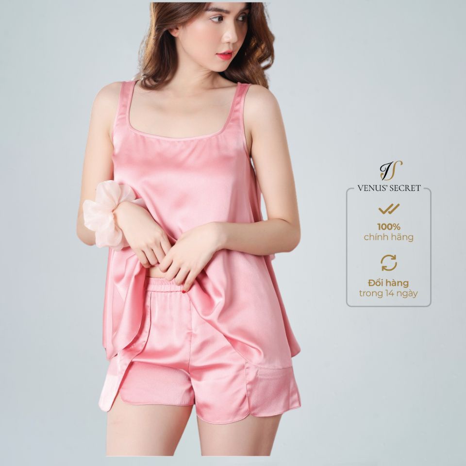 Bộ đồ ngủ nữ hai dây trơn cổ chữ U cam đào VENUS SECRET