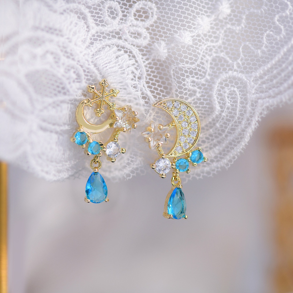 Bông Tai Bất Đối Xứng Hình Ngôi Sao Và Mặt Trăng Đính Đá Zircon Thời Trang Cho