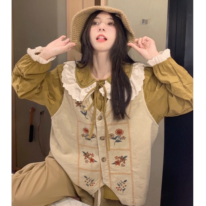 Áo khoác gile nhung nữ kiểu thêu hoa vintage, gile nữ phối sơ mi form rộng cổ ren nơ 7754