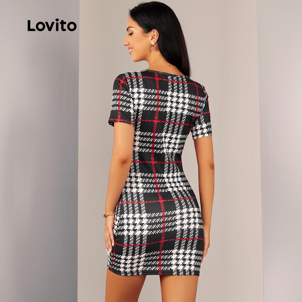 Lovito Đầm Tay Ngắn Cổ Tròn Họa Tiết Kẻ Sọc Màu Đen Thanh Lịch Dành Cho Nữ L20D1579