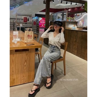 Quần jeans ống suông rách nhẹ cạp cao dáng basic dễ mặc