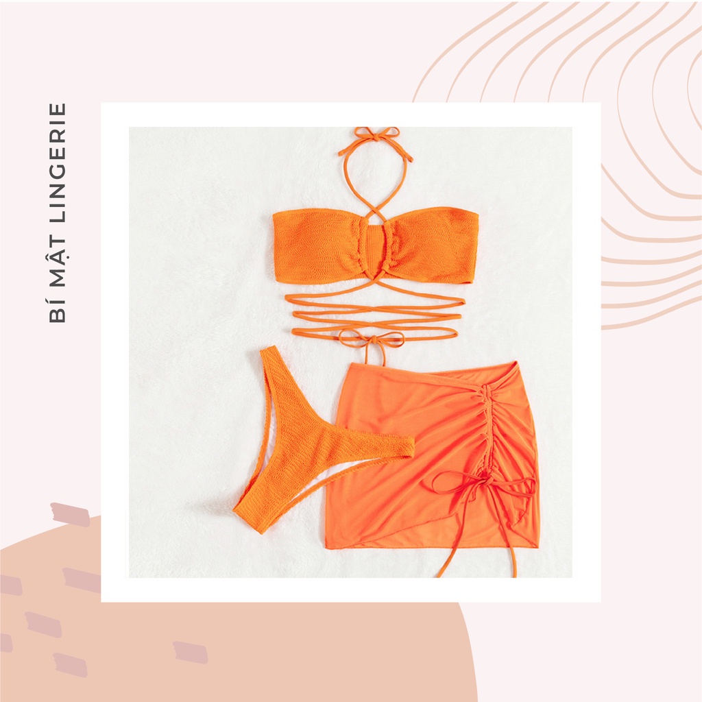 Set Bikini đồ bơi 3 mảnh buộc dây kèm váy quây màu cam rực rỡ tôn da sẵn hàng hot trend hè 2023