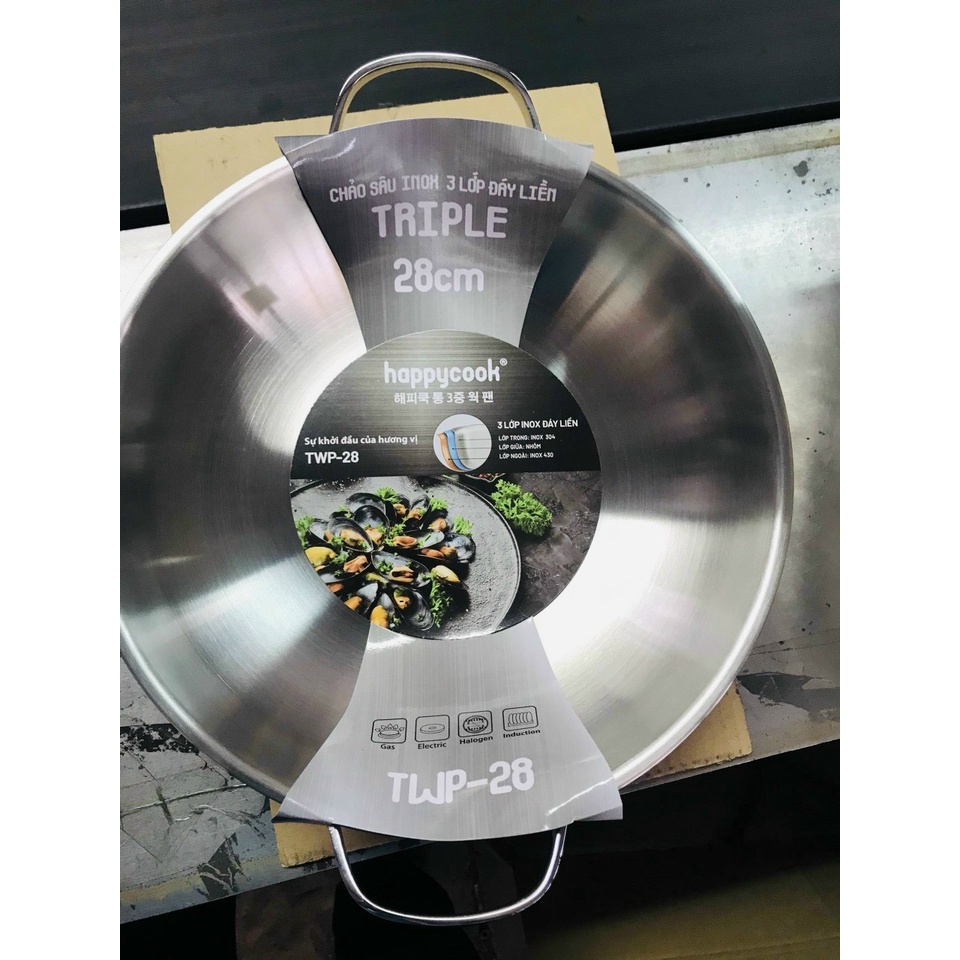 Chảo Nguyên Khối Inox 3 Lớp Nắp Kính Happy Cook 28cm TWP 28 sủ dụng bếp điện từ