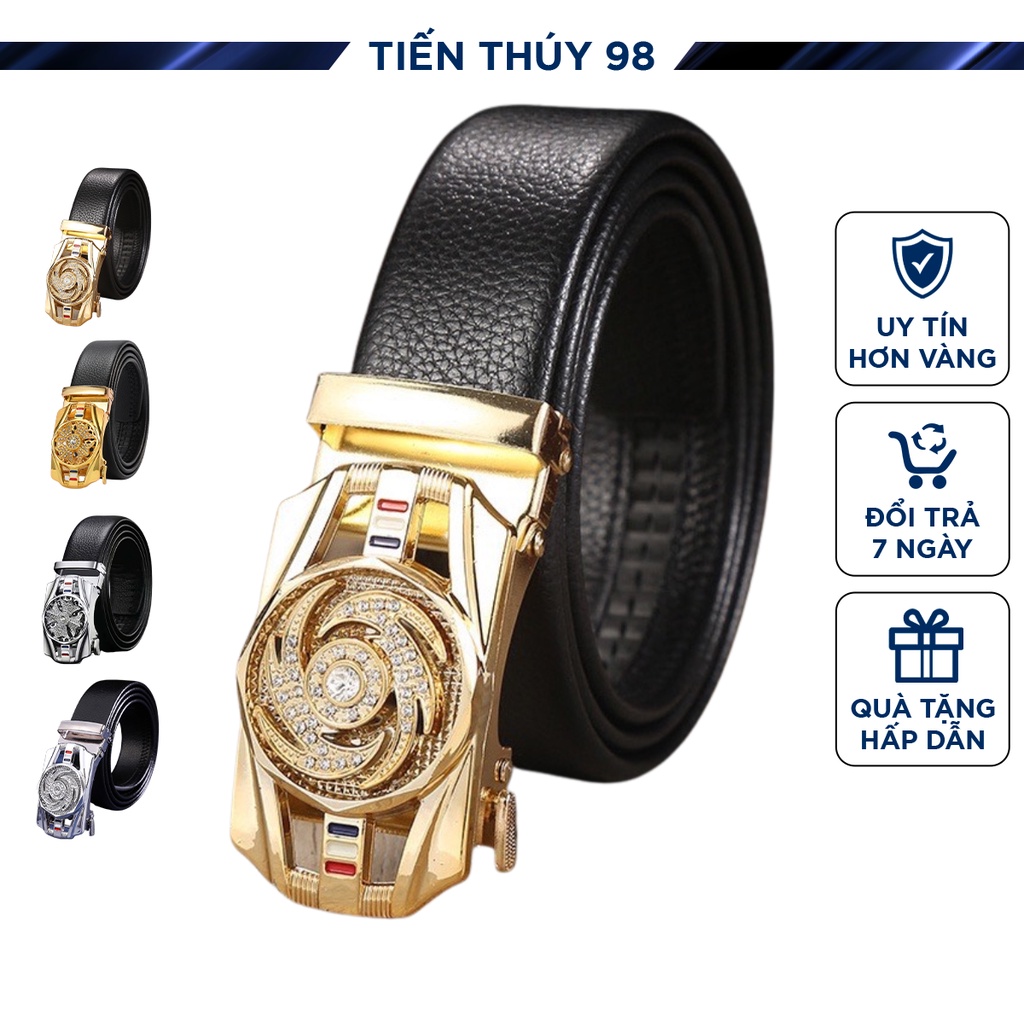 Thắt lưng nam cao cấp chất liệu da pu mặt xoay đính đá khóa tự động bền đẹp 120cm dây thắt lưng