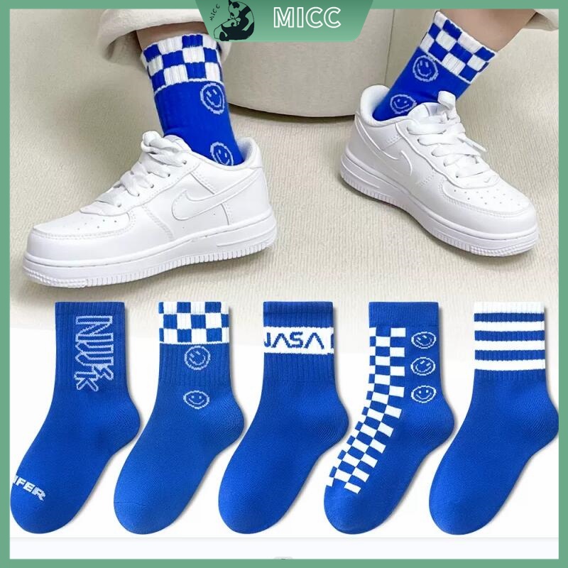 Bộ 5 Đôi Vớ Cotton Thoải Mái Họa Tiết Kẻ Sọc Màu Xanh Dương Dễ Thương Cho Bé Trai 1-12 Tuổi